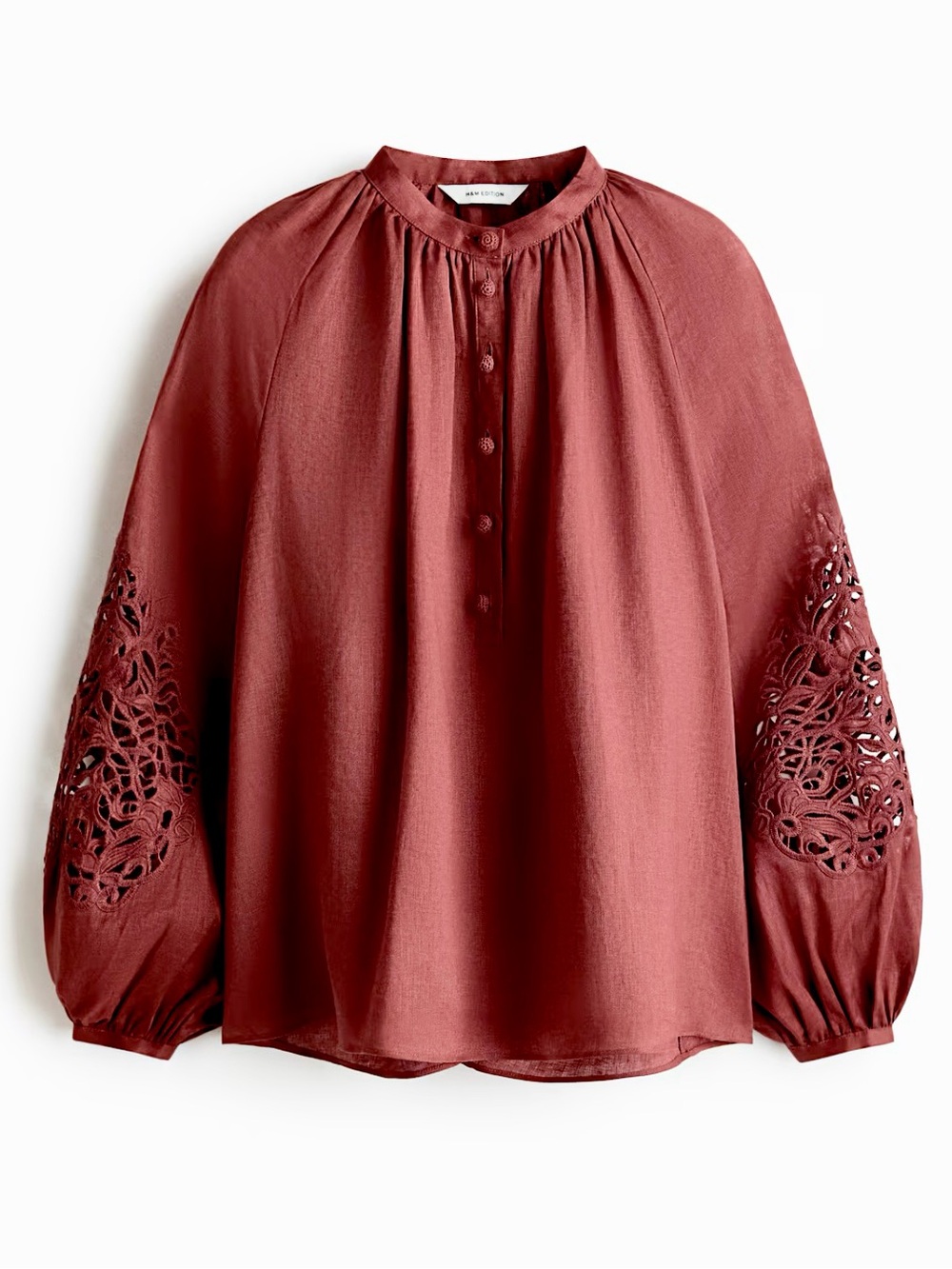 H&M EDITION NWT DUSTY RED LINEN BLOUSE WITH EYELET EMBROIDERY